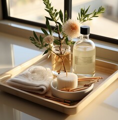 Fototapeta na wymiar Elegant exaggeration: a tray of natural beauty products in the bathroom