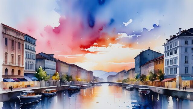 watercolor art cityscapes painting background. wallpaper