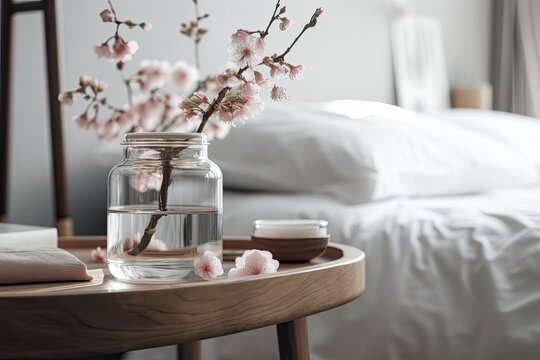 Close up of a wooden table, desk, or shelf with cherry blossom branches in a glass vase over a fuzzy image of a classic bedroom with a soft bed, a bohemian interior design concept