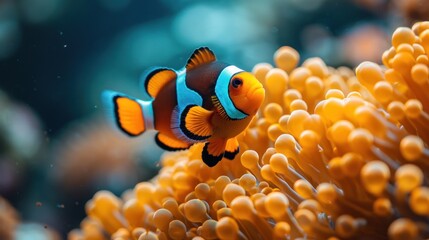  a close up of a clownfish on a coral with other corals in the foreground and a blurry background in the foreground, with a soft focus on the foreground.