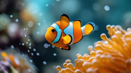  an orange and white clown fish swimming in an aquarium with an orange and white sea anemone in the foreground and an orange and white sea anemone in the background.