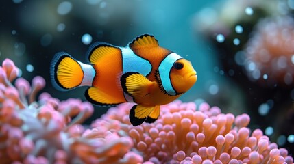  an orange and blue clown fish swimming in an aquarium with corals and other corals on the bottom of the water and on the bottom of the picture is anemone.