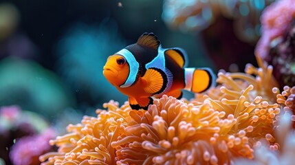  an orange and black clown fish sitting on top of an orange and white sea anemone in a sea anemone with other sea anemones and corals in the background.