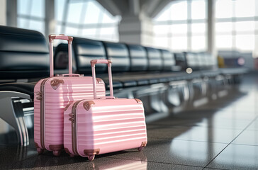 Pink travel luggage waiting room at airport, Holiday trip travel gear excitement, travel illustration, airport gate, background banner airline travel advertising