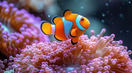  a close up of a clownfish on a coral with other corals in the background and water droplets on the bottom of the coral and bottom of the picture.