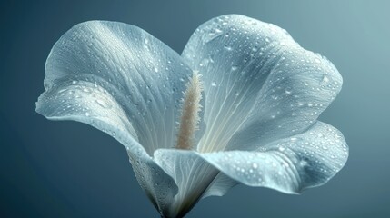  a close up of a white flower with water droplets on it's petals and in the center of the petals is a blue background with a light blue background.