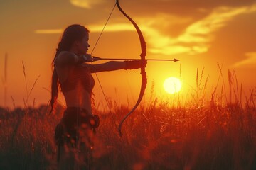 A fierce warrior stands poised in the golden light of the setting sun, her bow drawn taut and her arrow aimed at the sky, ready to conquer the field with her skilled aim and unwavering determination  - obrazy, fototapety, plakaty