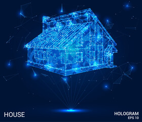 Hologram house. A house made of polygons, triangles of dots and lines. The house has a low-poly compound structure. Technology concept vector.