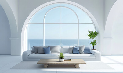 Minimalist Living Room Interior with sea View.