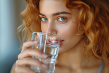 A serene woman quenches her thirst with a refreshing glass of water, the transparent material glistening against her human face as she connects with nature indoors