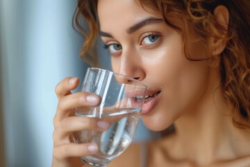 A mesmerizing portrait of a woman, her face adorned with delicate eyelashes and bold lipstick, gracefully holding a glass of water indoors