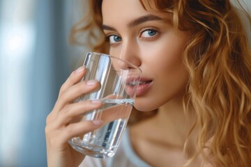 A serene woman quenches her thirst with a refreshing glass of water, her long hair cascading over her face as she takes a moment to connect with nature indoors
