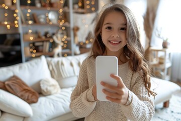 Close-up, Happy beautiful little girl showing white smartphone