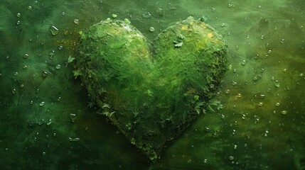  a heart shaped piece of green grass with drops of water on the ground and a green background with green grass and drops of water all over the top of the heart.