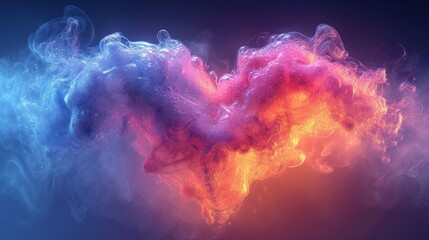  a colorful cloud of smoke in the shape of a heart on a blue and pink background with a red and orange smoke trail in the center of the shape of a heart. - obrazy, fototapety, plakaty