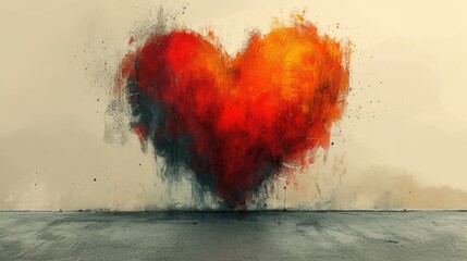  a painting of a red heart on a white wall with lots of paint splattered on the wall and the bottom half of the heart in the middle of the frame.
