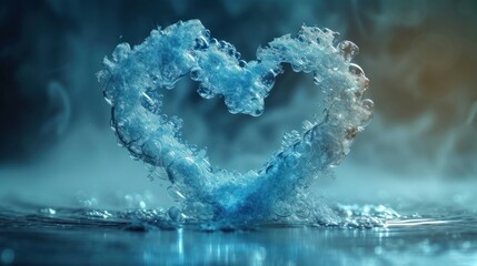  a heart shaped piece of ice floating on top of a body of water in the middle of a blue, black and white photo with a splash of water around it.