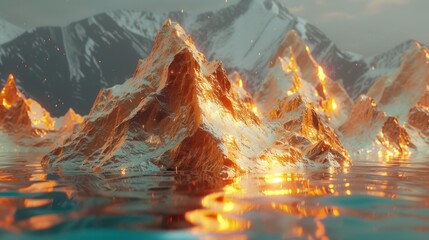 Snow-capped mountains bathed in golden sunlight against a tranquil water surface