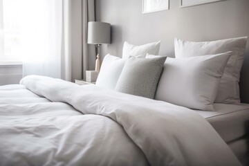 White pillows and cushions that are part of a modern bedroom's fashionable combination of trendy room design
