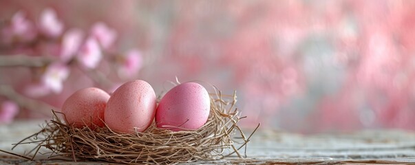 Pink easter eggs in bird nest at table with natural material background - obrazy, fototapety, plakaty