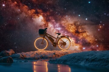 Pedaling through the darkness, the illuminated wheels of the bicycle reflect off the tranquil water, a symbol of freedom and exploration under the starry night sky