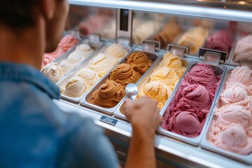 Amidst the aroma of freshly baked pastries, a person indulges in a frozen dairy delight at an indoor gelato shop, savoring every bite of their chosen flavor among the colorful array of options