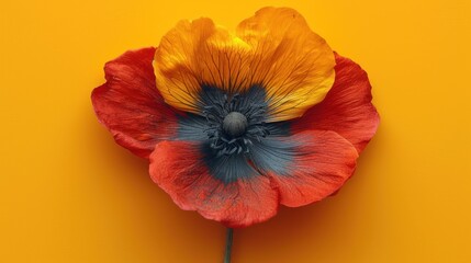  a red, yellow, and blue flower with a black center on a yellow background with a shadow of the flower to the left of the center of the flower.