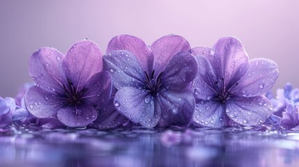  a group of purple flowers sitting next to each other on top of a body of water with drops of water on the petals of the petals and on the petals.