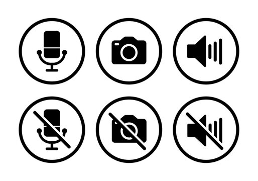 Video call icon set with loud speaker, mute, camera on, camera off, microphone on and microphone off icon line art in flat style.
