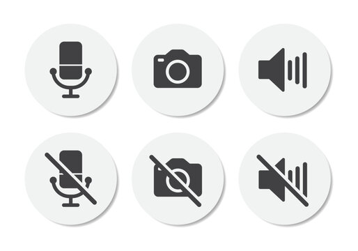 Video call icon set. Loudspeaker, mute, camera on, camera off, microphone on and microphone off icon in circle with shadow - Vector Icon