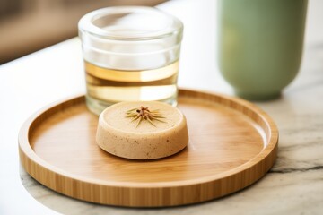 Obraz na płótnie Canvas round soap with oatmeal scrub on a bamboo tray