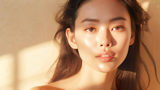 Closed up of beautiful young model face with nude make up on skin.