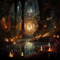 ancient secret city, night view, painting