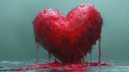  a painting of a red heart with blood flowing down the middle of it and dripping down the side of the heart, on a gray background of blue and green.