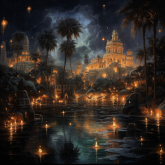 ancient secret city, night view, painting