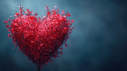  a heart - shaped arrangement of small red flowers on a dark blue background with a blurry backgroud of small red flowers in the shape of a heart.