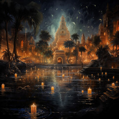 ancient secret city, night view, painting