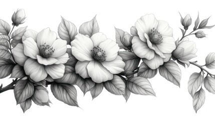  a black and white drawing of flowers on a branch with leaves and buds on a branch with leaves and buds on a branch with leaves and buds on a white background. - obrazy, fototapety, plakaty
