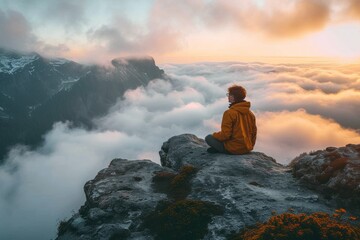 A solitary figure finds peace and clarity in the midst of a breathtaking mountain landscape, as the rising sun illuminates the misty clouds above
