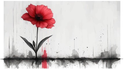  a red flower sitting on top of a black and white wall next to a red and black vase with a red flower on top of a black and white wall.