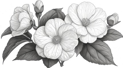  a black and white drawing of three white flowers with leaves on the stem and a single flower on the tip of the stem with leaves on the tip of the stem.