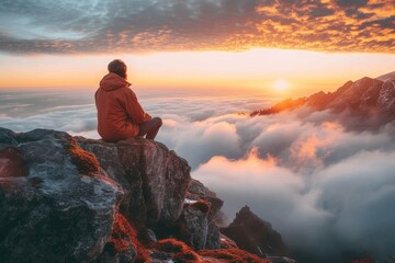 As the sun rises over the foggy landscape, a solitary figure sits atop a rocky outcrop, gazing up at the ever-changing clouds in the sky, surrounded by the serene beauty of nature and the looming pre - obrazy, fototapety, plakaty