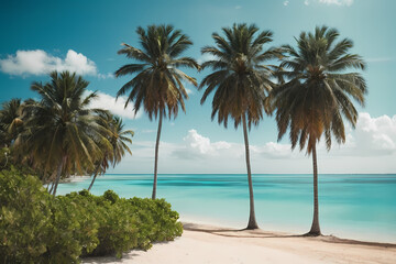 Palm Paradise A panoramic view of a tropical beach adorned with palm trees, where the celestial sky embraces the sandy shores and turquoise waters.