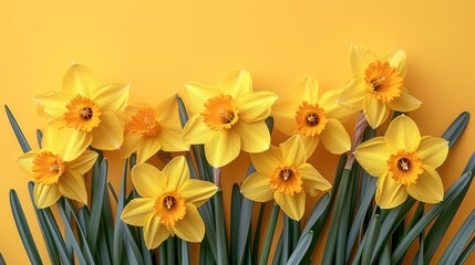  a bunch of yellow daffodils on a yellow background with some green stems in the foreground and a few yellow flowers in the middle of the picture.