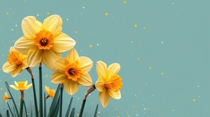  a group of yellow daffodils in front of a blue background with yellow speckles on the bottom of the image and bottom half of the daffodils.