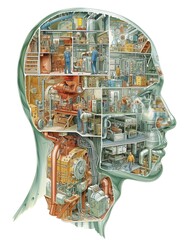 Illustration of a detailed cutaway a head filled with miniature factory.