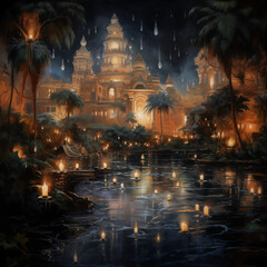 ancient secret city, night view, painting