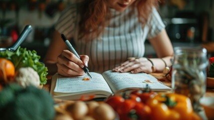 Woman making shopping list for groceries on a notebook to plan a meal for, Budget planning, Making shopping list and managing household expenses. Generative AI.