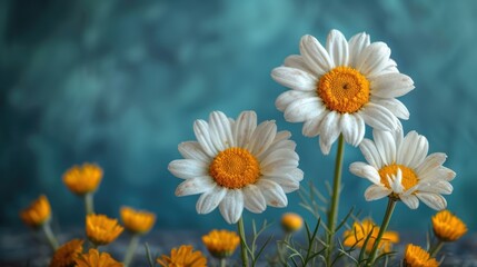  a group of white and yellow flowers sitting on top of a lush green field next to a blue and white wall with a blue sky in the backround.