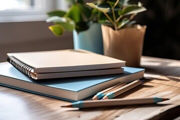 Blue and brown notepads with vacant spaces up close on the desk. Mockup of a white table with a stack of notebooks and green brush leaves